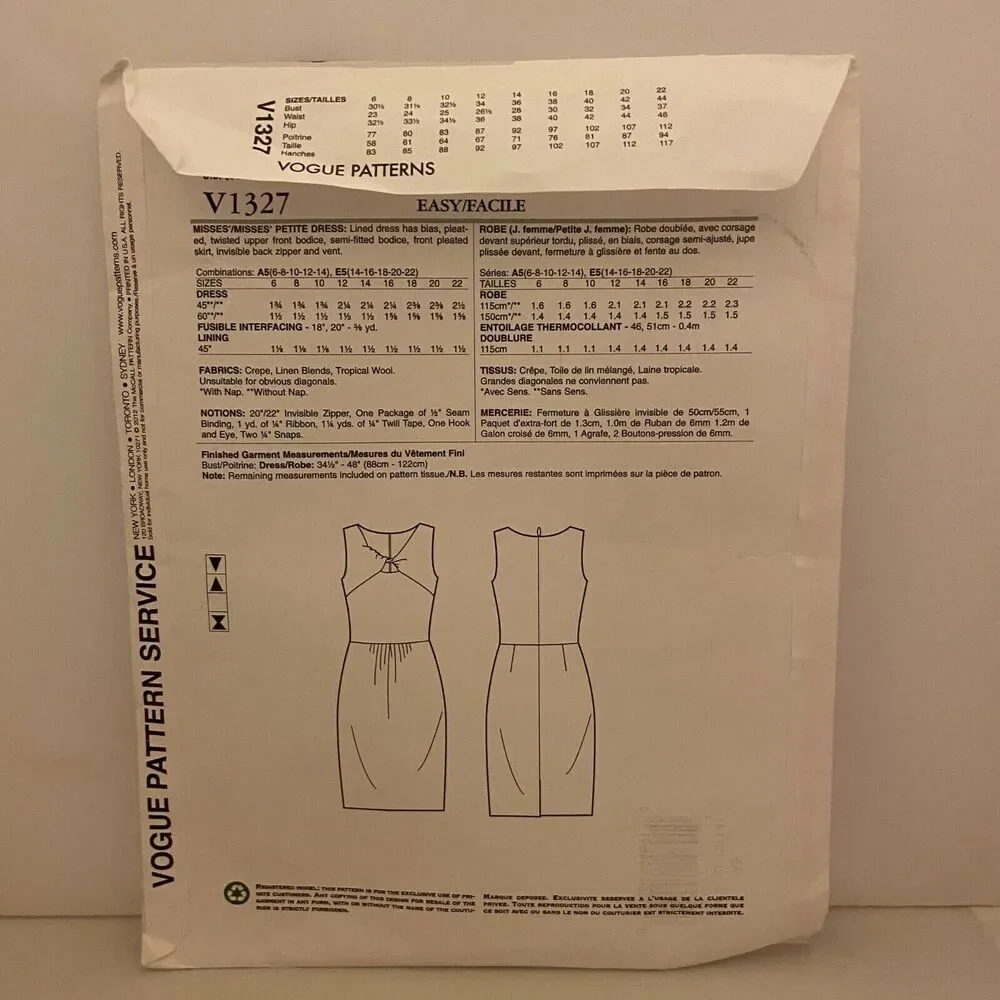 #V1327 VOGUE Anne Klein Misses Dress Sewing Pattern Size 6-14